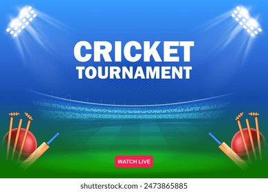 illustration of bat and ball on cricket stadium backdrop for championship sports background