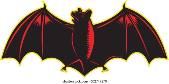 Illustration of bat looking up to the side with wings spread out viewed from front set on isolated white background. 