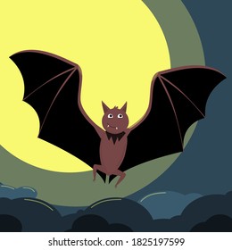 illustration of a bat on the theme of Halloween on the background of the moon in the sky above the clouds