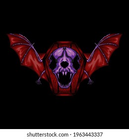 illustration of a bat skull and a coffin