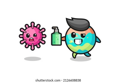 illustration of bath bombs character chasing evil virus with hand sanitizer , cute style design for t shirt, sticker, logo element