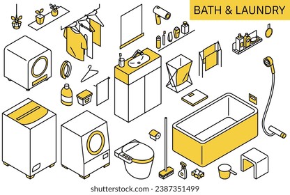 Illustration of bath and laundry products needed for new life, simple isometric, Vector Illustration