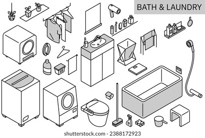 Illustration of bath and laundry products needed for new life, simple isometric, monochrome, Vector Illustration