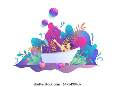
illustration of bathing in a bathtub, beautiful gradient with a floral theme, web, landing page design