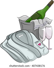Illustration of a Bathrobe Folded Beside a Bucket of Champagne