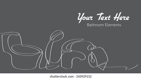 Illustration of bathroom elements.  Sketch of faucet, toilet, toilet paper holder,  shower, sink drain.