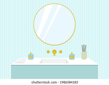 Illustration of a bathroom, washbasin with gold taps, a mirror on a blue wall.