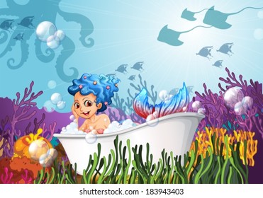 Illustration of a bathtub under the sea with a mermaid