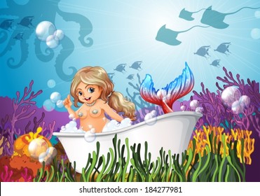 Illustration of a bathtub under the sea with a mermaid