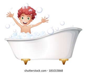 Illustration of a bathtub with a young boy playing on a white background