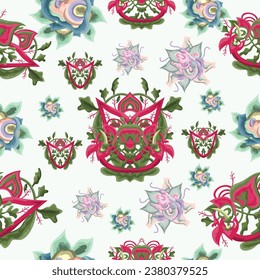 illustration of a batik design of red flowers and a small keris