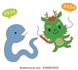 Illustration of the baton passing from the Year of the Dragon 2024 to Year of the Snake 2025,Illustration with border