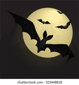 Illustration of bats in front of moon