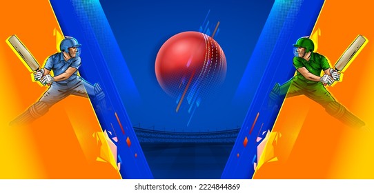 illustration of batsman and baller player on cricket championship sports background