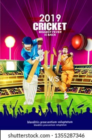 illustration of batsman and bowler, cricket championship flyer, banner, poster