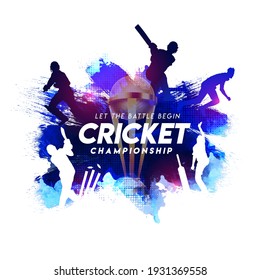 Illustration of batsman and bowler playing cricket championship sports with trophy on blue abstract paint stroke background