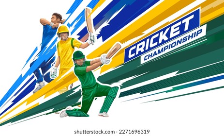 illustration of batsman and bowler playing cricket championship sports. Championship banner with illustration of batsman and bowler. Live cricket streaming banner concept design.