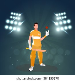 Illustration of Batsman holding bat and ball on sadium lights, rays background for Cricket Sports concept.