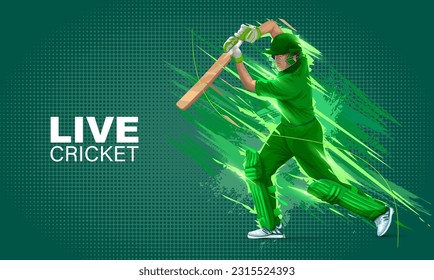 illustration of batsman playing cricket. Batsman In Playing Action On Abstract poster. Cricket championship banner design