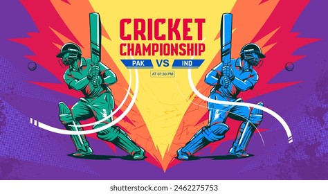 Illustration des Schlagers beim Cricketspielen. Batsman in Playing Action auf bunten Vektorgrafik Hintergrund. Cricket Match Banner Design. PAK VS IND Cricket-Spieler in Aktion.