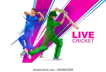 Illustration des Schlagers beim Cricketspielen. Batsman in Playing Action auf bunten Vektorgrafik Hintergrund. Cricket Championship Banner Design. PAK VS IND Cricket-Spieler in Aktion.