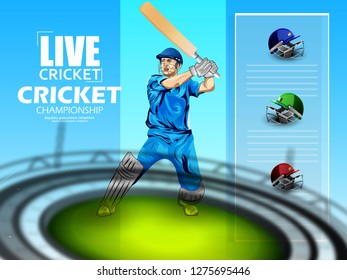 illustration of batsman playing cricket championship, Cricket stadium background