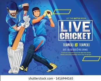 illustration of batsman in playing, cricket championship, background