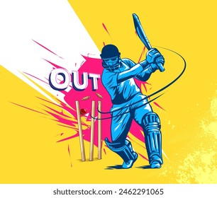 illustration of batsman playing cricket championship Vector banner. Cricket Batsman gets bowled out losing his wicket.