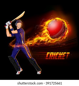 illustration of batsman playing cricket championship with fiery ball