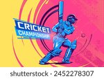 illustration of batsman playing cricket. Batsman hitting the ball in action. Cricket championship vector Banner design on colorful background.