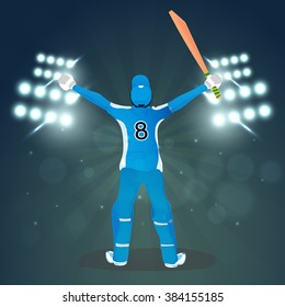 Illustration of a Batsman in uniform on stadium lights, rays background for Cricket Sports concept.