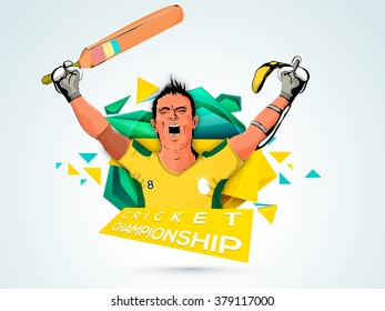 Illustration of a batsman in winning pose on abstract background for Cricket Championship concept.