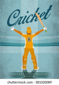 Illustration of Batsman in winning pose on vintage stadium background for Cricket Championship League concept.
