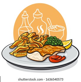 illustration of battered fish and chips with lemon and sauce on plate