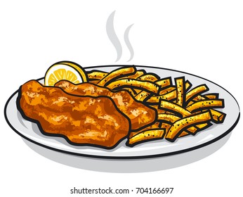 illustration of battered fish and chips with lemon and sauce on plate