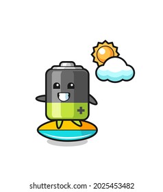 Illustration of battery cartoon do surfing on the beach , cute style design for t shirt, sticker, logo element
