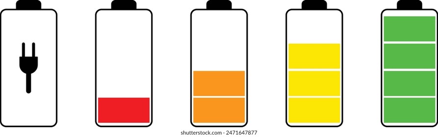 Illustration of battery charge level indicators, energy storage concept, colored batteries. Professionally designed set of batteries on a white sash