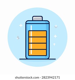 Illustration of a battery icon showing a full charge level, representing power, energy, and battery status in digital and technology contexts.