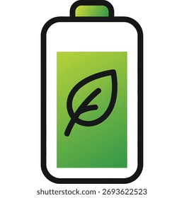 Illustration of a battery with a leaf symbol, representing green energy and sustainable power. It symbolizes eco-friendly technology and renewable resources.