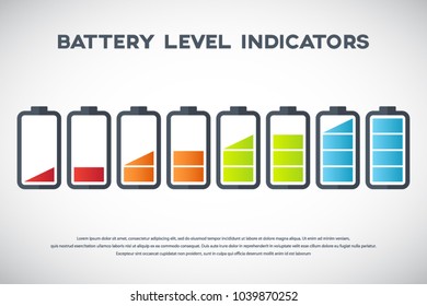 Illustration of battery level indicators. Battery life, accumulator, battery running low, battery recharging vector.