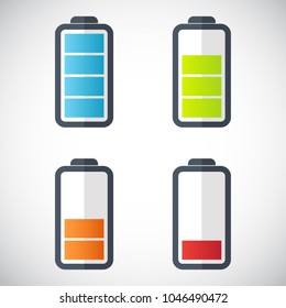 Illustration of battery level indicators. Battery life, accumulator, battery running low, battery recharging vector.