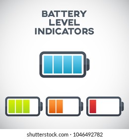 Illustration of battery level indicators. Battery life, accumulator, battery running low, battery recharging vector.