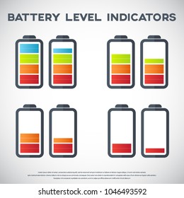 Illustration of battery level indicators. Battery life, accumulator, battery running low, battery recharging vector.