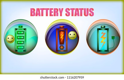 Illustration of battery level indicators. Battery life, accumulator, battery running low, battery recharging vector.
