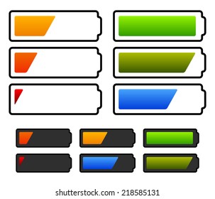 Illustration of battery level indicators. Battery life, accumulator, battery running low, battery recharging vector.