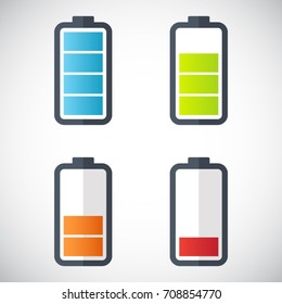 Illustration of battery level indicators. Battery life, accumulator, battery running low, battery recharging vector.