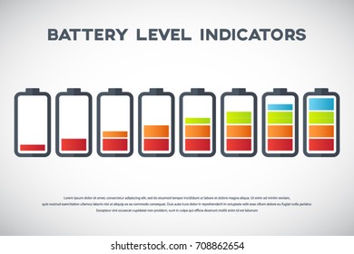 Illustration of battery level indicators. Battery life, accumulator, battery running low, battery recharging vector.