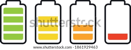 Illustration of battery level indicators. Battery life, accumulator, battery running low, battery recharging vector