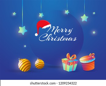Illustration of baubles and gift boxes on glossy blue background for Merry Christmas greeting card design.