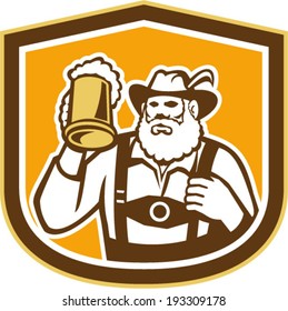 Illustration of a Bavarian beer drinker raising beer mug drinking looking up wearing lederhosen and German hat set inside shield crest shape done in retro style.